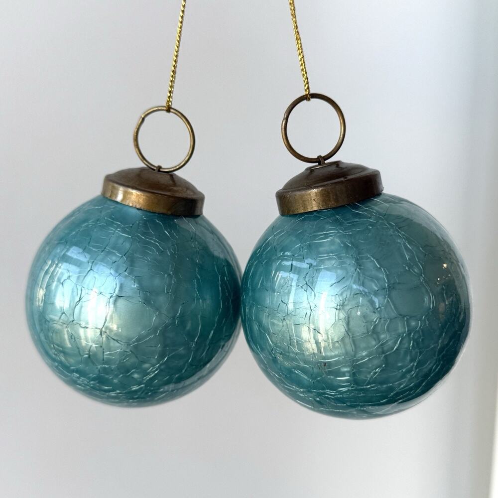 Restoration Hardware Teal Blue Crackle Glass Ornaments 2 1/2” Globe Ball Mirror